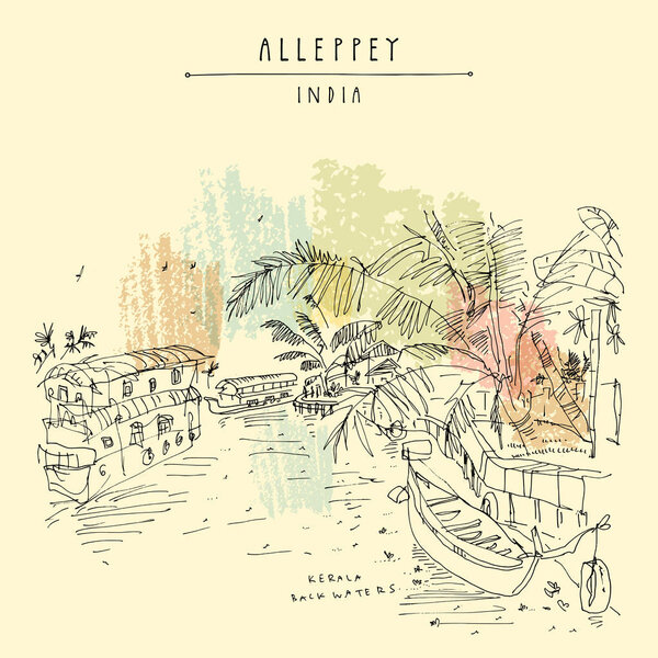 Alleppey Backwaters, Kerala, South India. Artistic travel sketch of boats on water and palm trees. Laid back atmosphere, back in time vintage hand drawn touristic postcard. Vector illustration