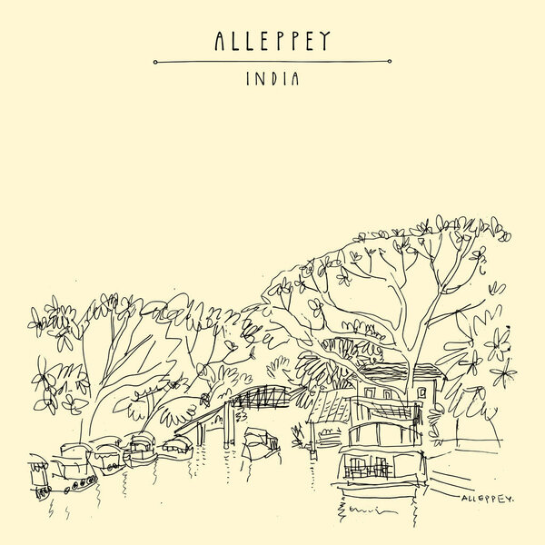 Canal in Alleppey (Alappuzha). Kerala, South India. Water, boats and trees. Retro travel drawing. Tropical landscape sketch. Vintage touristic postcard. Vector illustration