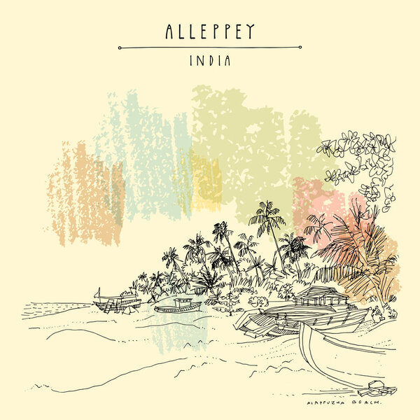 Alleppey Beach, Alappuzha, Kerala, South India. Retro travel drawing of a pristine beach, palm trees and boats. Tropical paradise landscape sketch. Vintage touristic postcard. Vector illustration