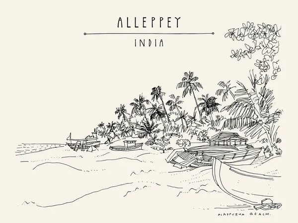 Alleppey Beach Alappuzha Kerala Sur India Dibujo Viaje Retro Una — Archivo Imágenes Vectoriales