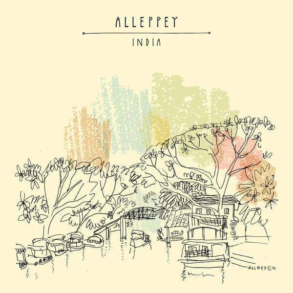 Canal in Alleppey (Alappuzha). Kerala, South India. Water, boats and trees. Retro travel drawing. Tropical landscape sketch. Vintage touristic postcard. Vector illustration