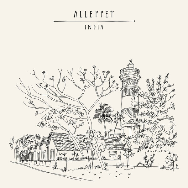 Lighthouse in Alleppey (Alappuzha). Historic warehouse buildings. Kerala, India. Vintage travel landscape drawing. Travel sketch. Vintage touristic postcard. Vector illustration