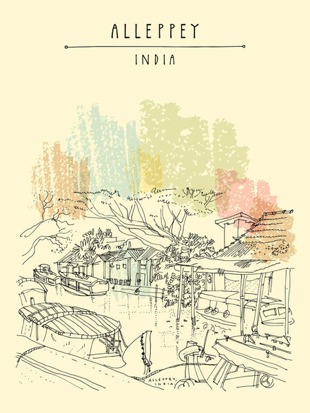 Canal in Alleppey (Alappuzha). Kerala, India. Water, boats and trees. Passenger boat jetty in town. River cruise pier. Public transportation. Tropical landscape sketch. Vintage travel postcard. Vector