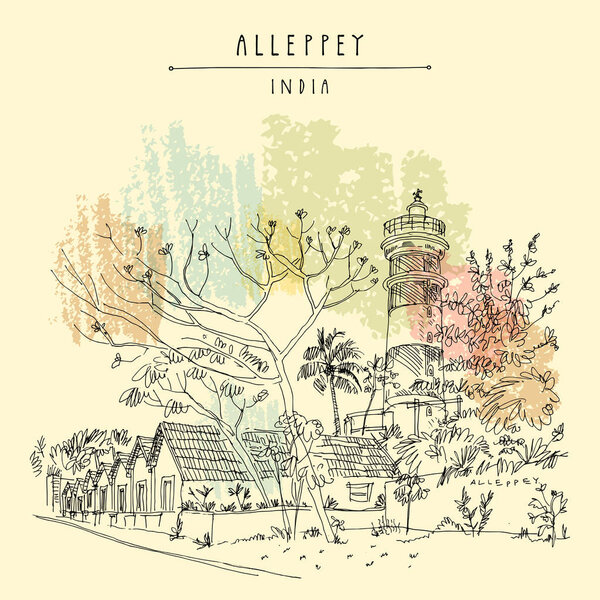 Lighthouse in Alleppey (Alappuzha). Historic warehouse buildings. Kerala, India. Vintage travel landscape drawing. Travel sketch. Vintage touristic postcard. Vector illustration