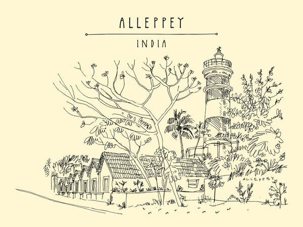 Lighthouse in Alleppey (Alappuzha). Historic warehouse buildings. Kerala, India. Vintage travel landscape drawing. Travel sketch. Vintage touristic postcard. Vector illustration