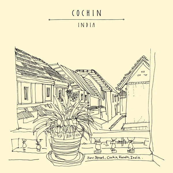 Cochin (Kochi), Kerala, India. Jew Road in Jew Town. Heritage colonial buildings. View of tiled roofs from a window with a plant. Travel sketch, book illustration. Vector hand drawn travel postcard