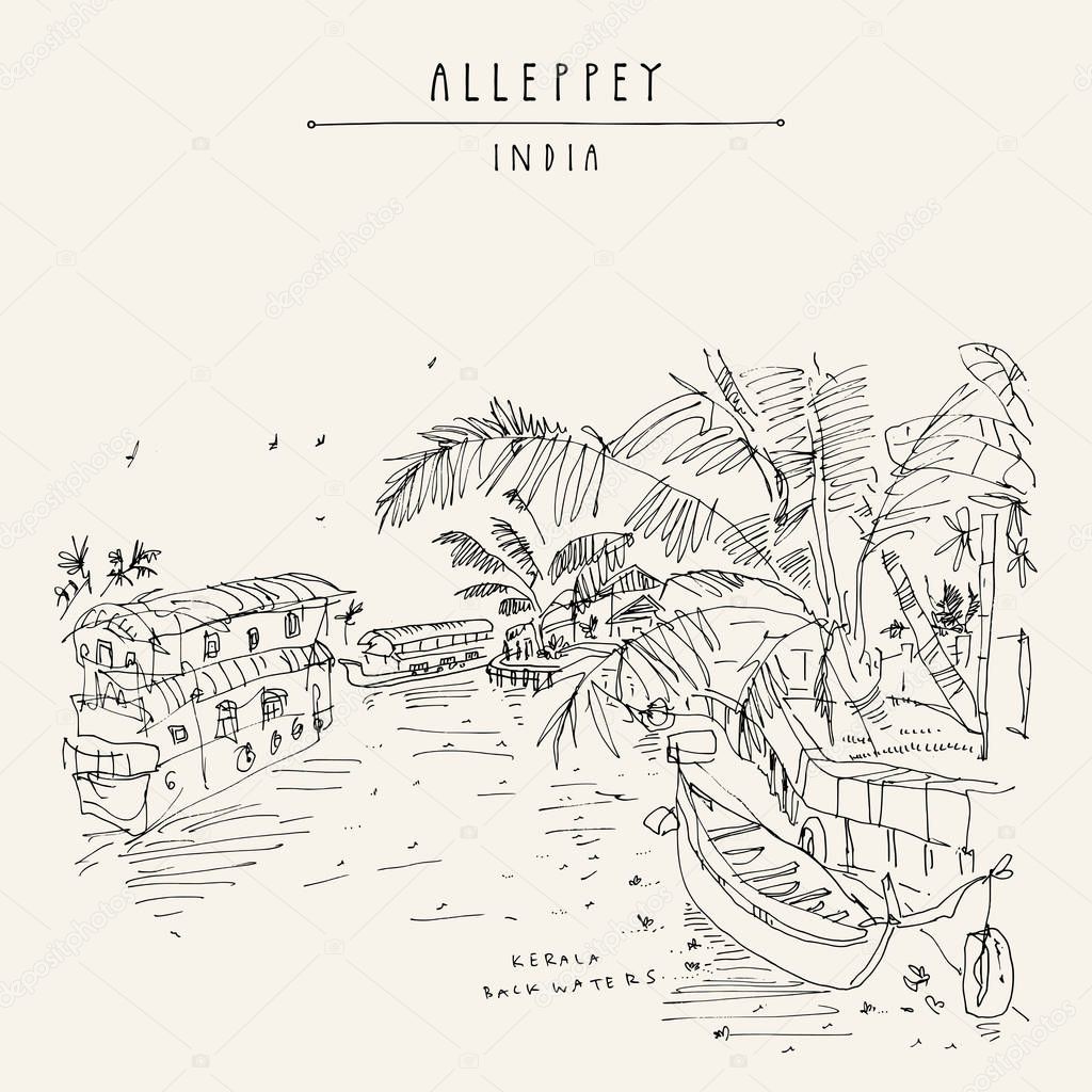 Alleppey Backwaters, Kerala, South India. Artistic travel sketch of boats on water and palm trees. Laid back atmosphere, back in time vintage hand drawn touristic postcard. Vector illustration