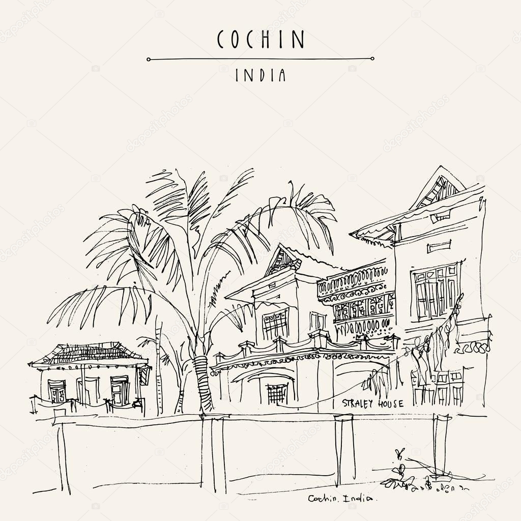 Cochin (Kochi), Kerala, South India. Straley House. Heritage colonial building. Famous historical landmark. Vector hand drawn travel postcard