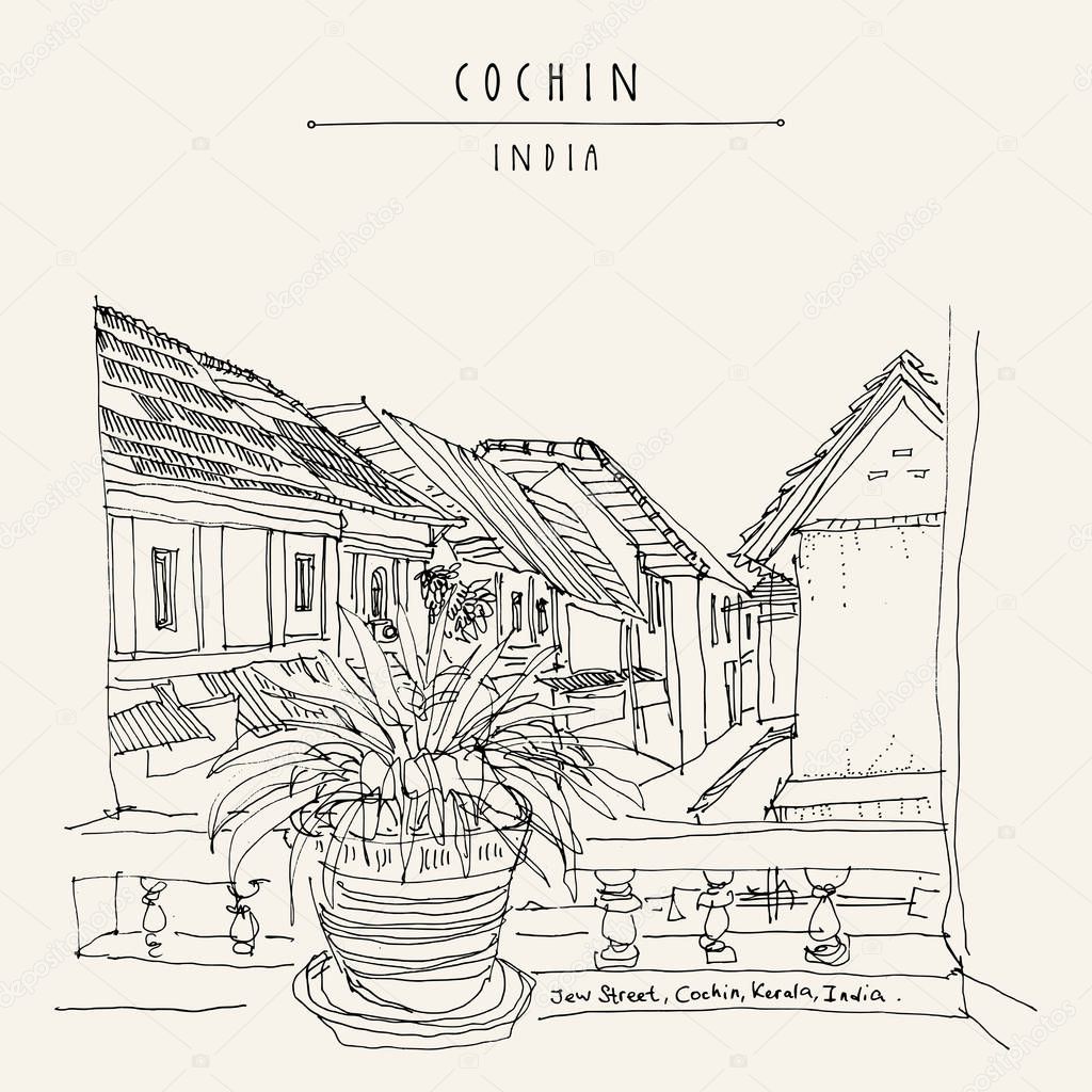Cochin, Kerala, India. Jew Road in Jew Town, vector illustration