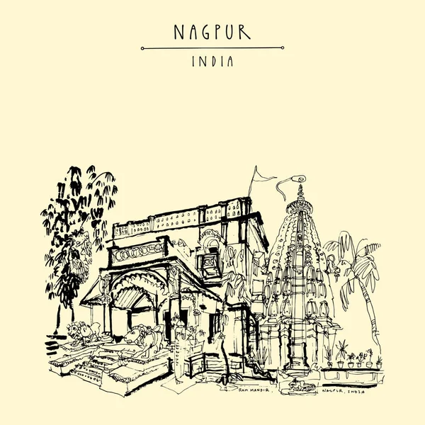 Nagpur Maharashtra, Indie. Poddareshwar Ram, Starý hinduistický chrám — Stockový vektor