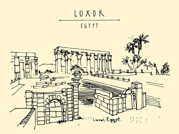 ルクソール神殿、ルクソール、エジプト。手描き下ろしポストカード — ストックベクタ