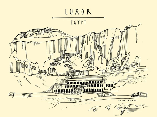 Luxor, Egypt. Chrám královny Hatšepsut. Ručně tažené pohlednice — Stockový vektor