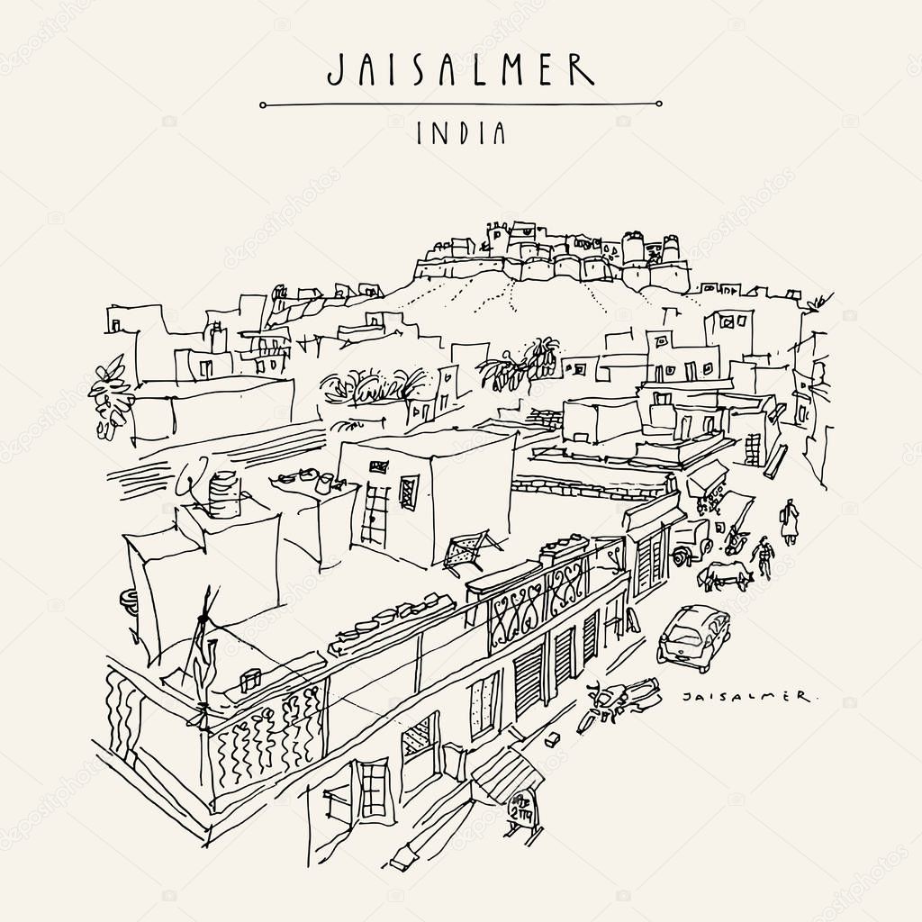 Overview of town street and fort in Jaisalmer, Rajasthan, India.
