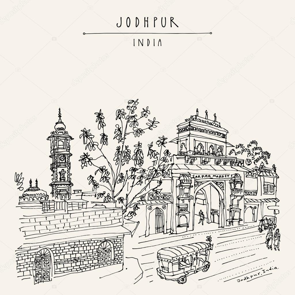 Clock tower and Sardar Market gate in Jodhpur by Mehrangarh fort, Rajasthan, India.