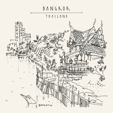 Bangkok, Tayland. Chao Phraya Nehri'nin, Budist tapınağı ve konut. Khaosan turistik bölgesi, nehir kenarında. Seyahat kroki. Elle çizilmiş vintage kartpostal, afiş, Kitap Illustration seyahat. Vektör