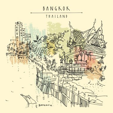 Bangkok, Tayland. Chao Phraya Nehri'nin, Budist tapınağı ve konut. Khaosan turistik bölgesi, nehir kenarında. Seyahat kroki. Elle çizilmiş vintage kartpostal, afiş, Kitap Illustration seyahat. Vektör