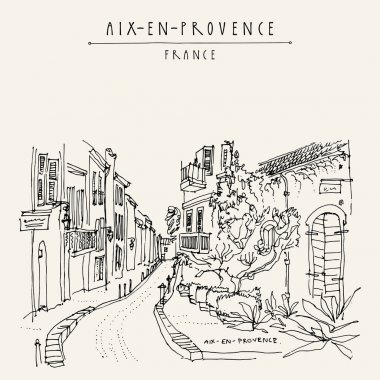 Aix-en-Provence, Fransa, Avrupa'nın antika evleri ile sokak. Rahat Avrupa kasaba. El çizimi retro tarzı. Seyahat kroki. Vintage turistik kartpostal, poster ya da kitap illüstrasyon vektör