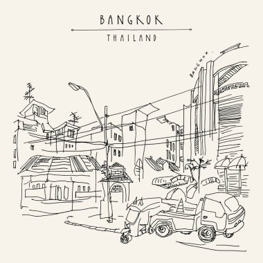 Bangkok, Tayland. Şehir Manzaralı Khaosan turistik bölgede. Kavşak, kavşak, kavşak. Kamyon, polis kulübesi. Seyahat kroki. Elle çizilmiş vintage seyahat kartpostal, afiş, kitap illüstrasyon vektör
