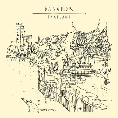 Bangkok, Tayland. Chao Phraya Nehri'nin, Budist tapınağı ve konut. Khaosan turistik bölgesi, nehir kenarında. Seyahat kroki. Elle çizilmiş vintage kartpostal, afiş, Kitap Illustration seyahat. Vektör
