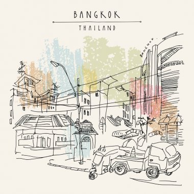 Bangkok, Tayland. Şehir Manzaralı Khaosan turistik bölgede. Kavşak, kavşak, kavşak. Kamyon, polis kulübesi. Seyahat kroki. Elle çizilmiş vintage seyahat kartpostal, afiş, kitap illüstrasyon vektör