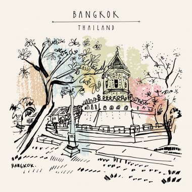 Bangkok, Tayland. Khaosan turistik alan. Seyahat kroki. Elle çizilmiş vintage kartpostal veya poster, kitap illüstrasyon vektör seyahat