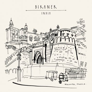 Bikaner, Rajasthan, Hindistan. Junagarh Kalesi. Cadde görünümü. Otopark otomatik rickshaws. Seyahat kroki, artistik çizim. Vintage el çekilmiş turistik kartpostal veya poster. Vektör çizim