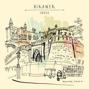 Bikaner, Rajasthan, Hindistan. Junagarh Kalesi. Cadde görünümü. Otopark otomatik rickshaws. Seyahat kroki, artistik çizim. Vintage el çekilmiş turistik kartpostal veya poster. Vektör çizim