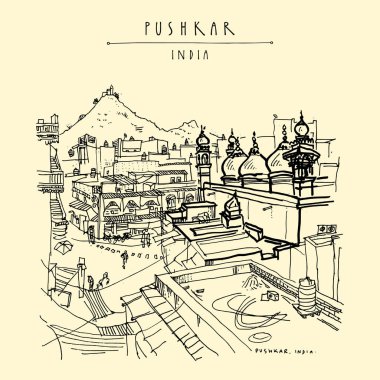 Camii (Juma Mescidi) ve Pap Mochani Tapınağı (Tanrıça Ekadashi Mata Tapınağı) Pushkar Rajasthan, Hindistan Hill'de yukarı. Müslüman ve Hindu ruhani yerler. Vintage el çekilmiş turistik kartpostal. Vektör