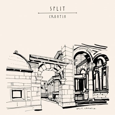 Split, Hırvatistan Diocletian Palace, UNESCO Dünya Miras Listesi. Eski Yugoslavya'da Europe. Turizm. Seyahat kroki. Sanatsal vintage handdrawn kartpostal, poster, Kitap Illustration. Vektör