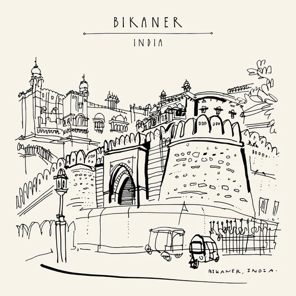 Bikaner Junagarh 요새입니다 보기입니다 Rickshaws 주차입니다 스케치 빈티지 그려진된 포스터입니다 — 스톡 벡터