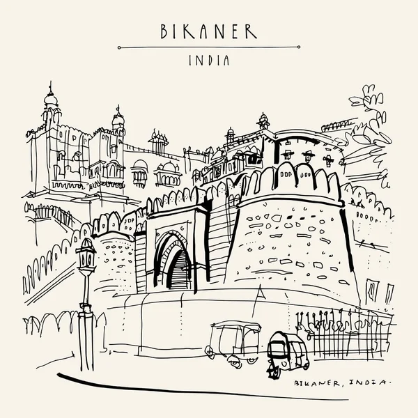 Bikaner Rajasthan India Junagarh Fort Utcára Néző Autó Riksával Parkoló — Stock Vector