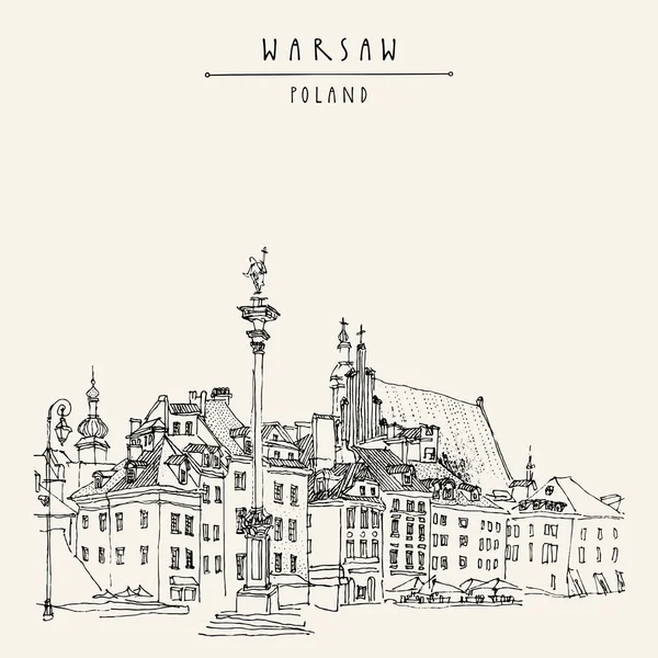 Castle Square Varşova. Kral Sigismund'ın sütun (Kolumna Zygmunta), St John's Archicathedral, Aziz Martin'in Kilisesi, güzel kiralık ev sahipliği yapmaktadır. Kroki çizim. Vintage vektör seyahat handdrawn kartpostal
