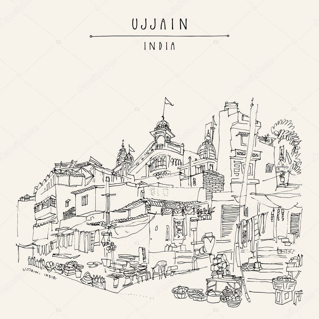 Street in the holy city of Ujjain, Madhya Pradesh, India. Artistic travel sketch. Vintage hand drawn postcard or poster in vector
