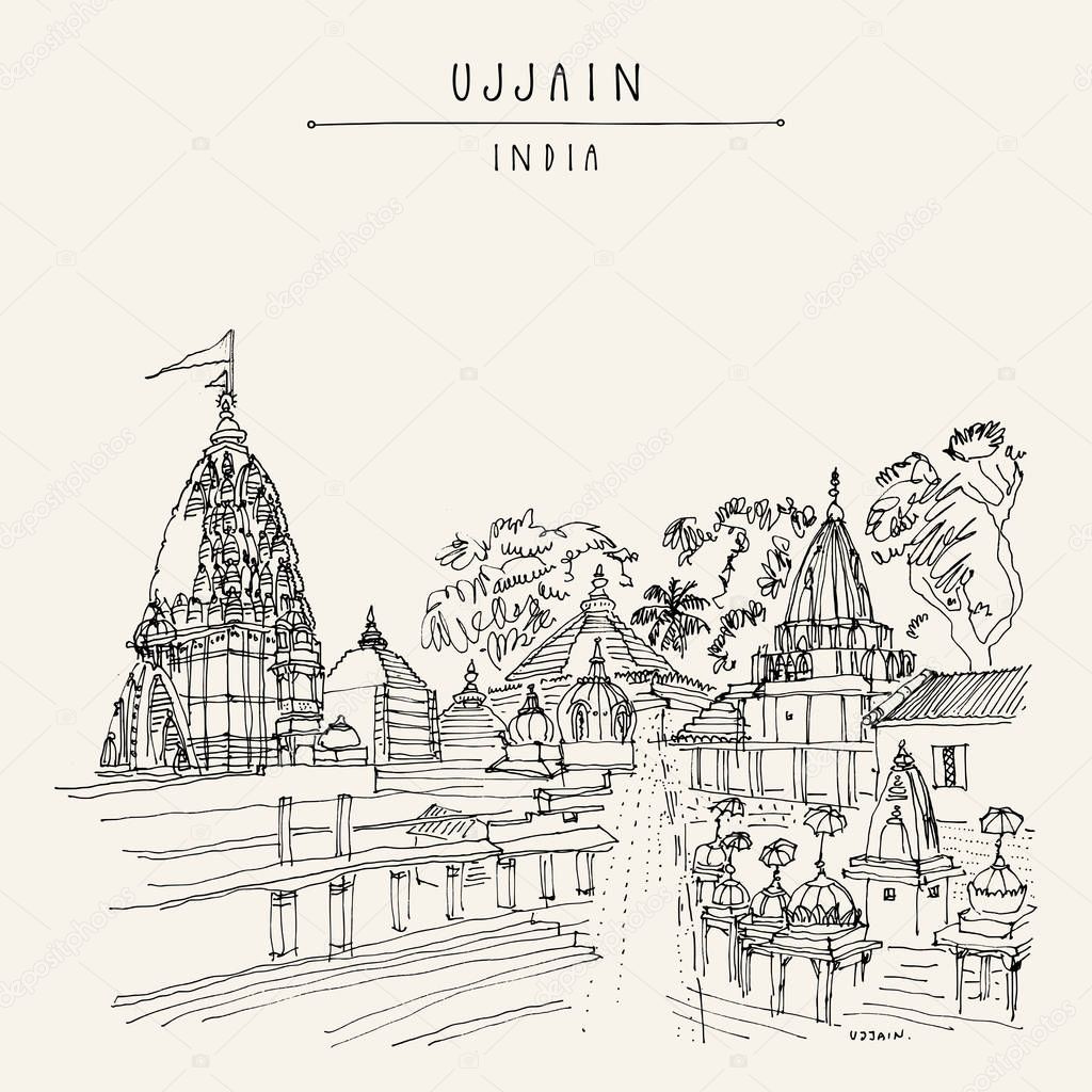 Mahakal Mandir (Mahakaleshwar Temple) in holy city of Ujjain, Madha Pradesh, India. Artistic travel sketch. Vintage hand drawn postcard in vector