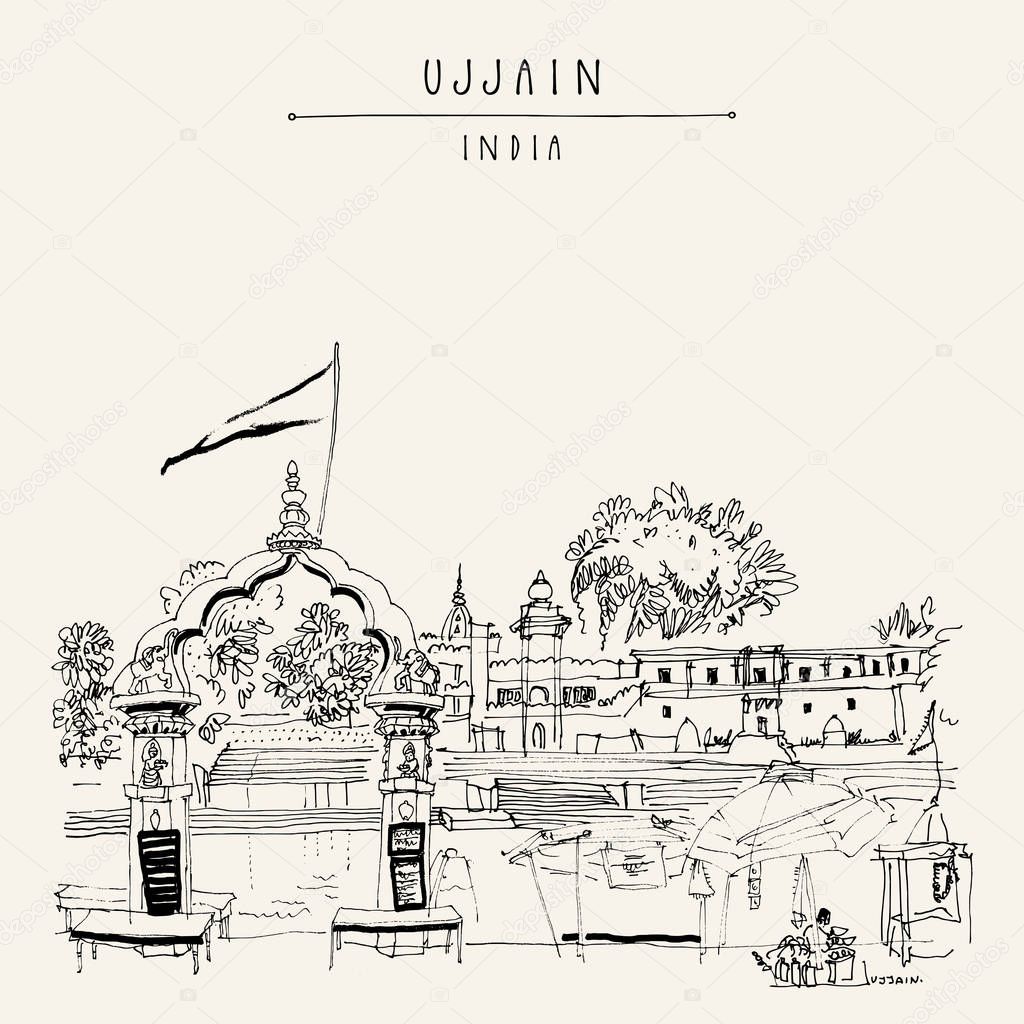 Ram Ghat in the holy city of Ujjain, Madha Pradesh, India. Place for Shipra Aarti ceremony. Artistic travel sketch. Vintage hand drawn postcard in vector