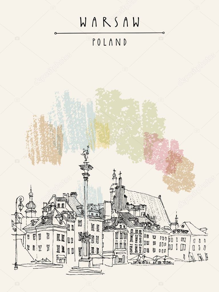 Castle Square in Warsaw. King Sigismund's Column (Kolumna Zygmunta), St. John's Archicathedral, St. Martin's church, beautiful tenement houses. Sketch drawing. Vintage vector travel handdrawn postcard