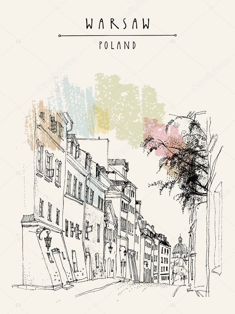 Old city in Warsaw, Poland, Europe. Cobblestone street in historical town. Historical buildings, tenement houses. European city drawing. Vintage travel hand drawn postcard. Vector illustration