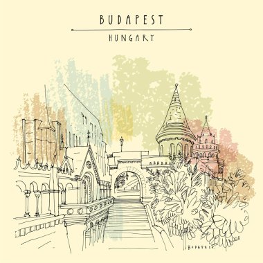 Budapeşte, Macaristan. Buda Tepesi 'ndeki Buda Kalesi' nde balıkçı kalesi (Halaszbastya). Neo-Romanesk gözcü terasları. Mimari el çizimi. Seyahat skeci. Kitap illüstrasyonu. Vintage turistik kartpostal, vektör şeklinde poster