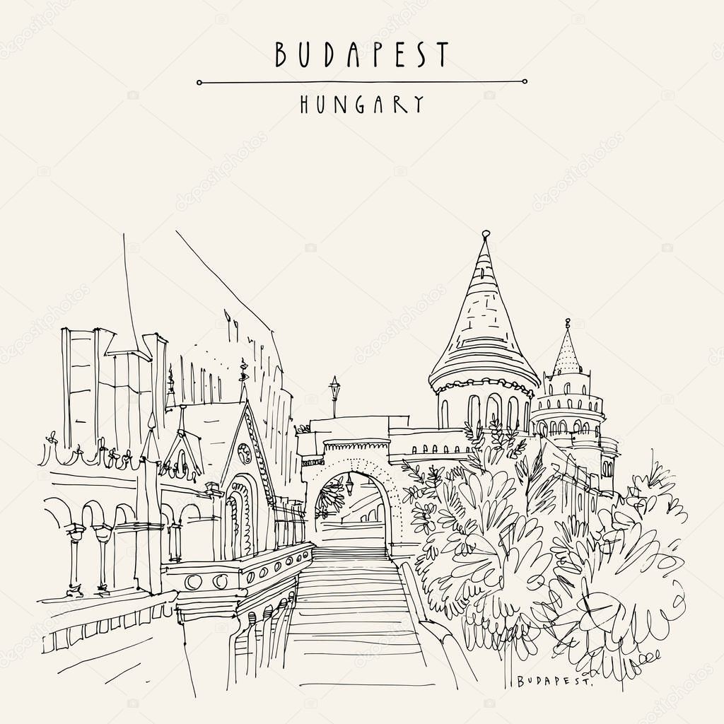Budapest, Hungary. Fisherman's Bastion (Halaszbastya) in Buda Castle on Buda Hill. Neo-Romanesque lookout terraces. Architectural hand drawing. Travel sketch. Book illustration. Vintage touristic postcard, poster in vector