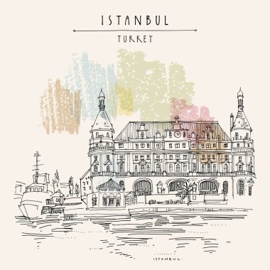 İstanbul, Türkiye. Haydarpaşa tren istasyonu ve rıhtımı. El çizimi 
