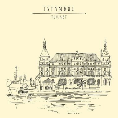 İstanbul, Türkiye. Haydarpaşa tren istasyonu ve rıhtımı. El çizimi 