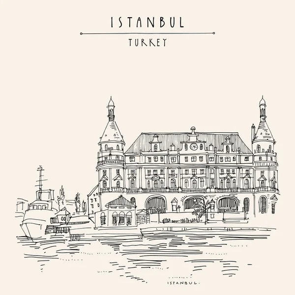 Estambul, Turquía. Haydarpasa estación de tren y muelle. Dibujado a mano — Vector de stock