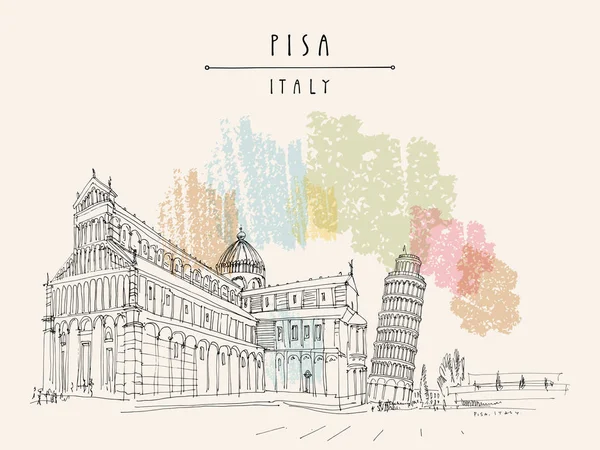 Torre inclinada de Pisa y Catedral de Pisa en Piazza dei Miracoli — Vector de stock