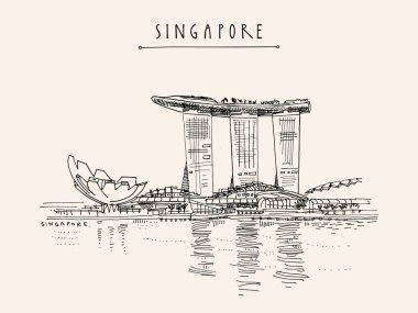 Singapur silueti, Güneydoğu Asya. Singapur Marina Körfezi manzarası