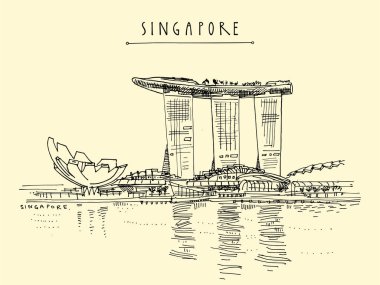 Singapur turistik tatil rehberi illüstrasyonu. Singapur Marin