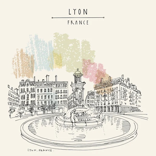 Fountain in Lyon, France, Europe.  European city illustration. H — Stock Vector