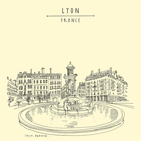 Fuente en Lyon, Francia, Europa. Ilustración de ciudades europeas. H — Vector de stock