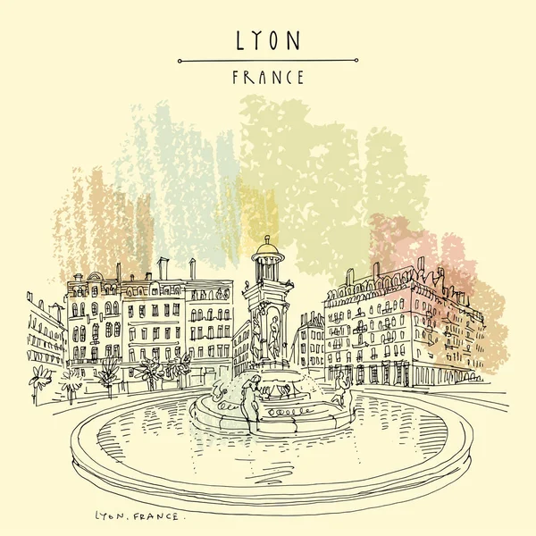 Fuente en Lyon, Francia, Europa. Ilustración de ciudades europeas. H — Archivo Imágenes Vectoriales