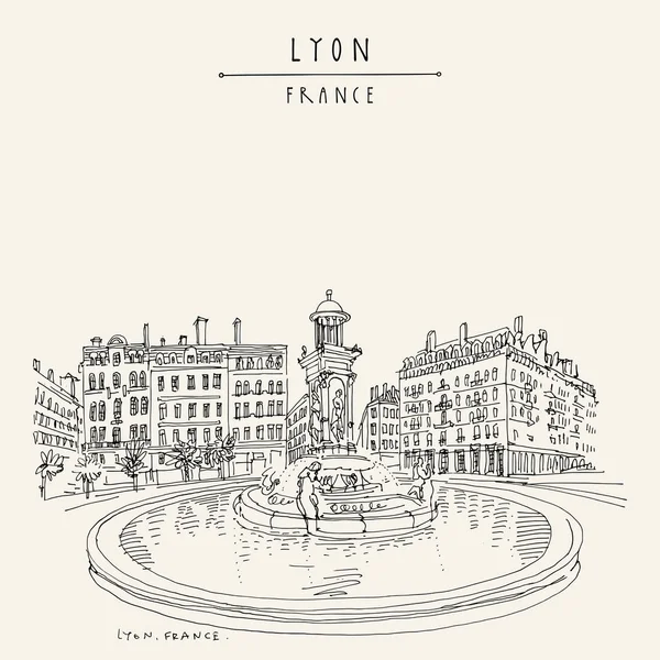 Fontana a Lione, Francia, Europa. Illustrazione della città europea. H — Vettoriale Stock
