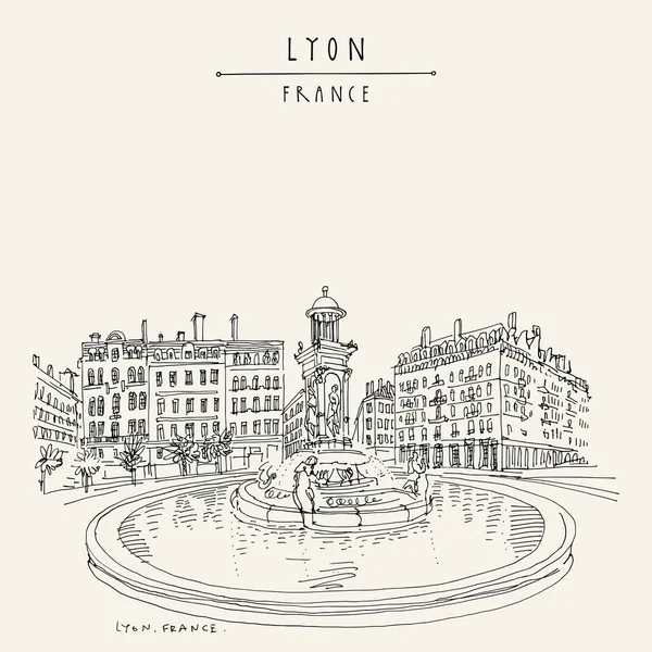 Fontaine à Lyon, France, Europe. Illustration de ville européenne. H — Image vectorielle